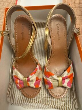 kate spade Gold Wedge Slingbacks with Pink & Orange Bow